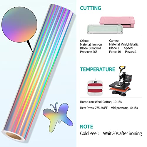 Silver Holographic Heat Transfer Vinyl 12" x5ft Silver HTV Vinyl Roll Metallic Rainbow Iron on Vinyl Easy to Cut & Weed DIY Heat Press Design for T