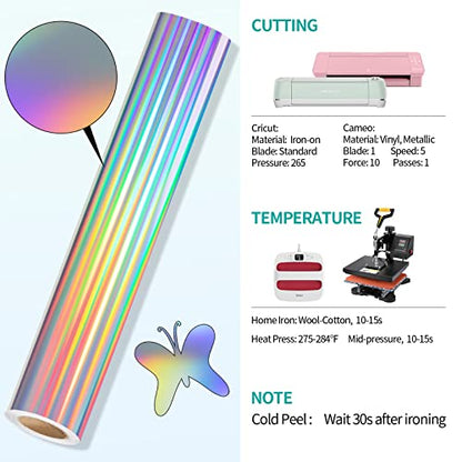 Silver Holographic Heat Transfer Vinyl 12" x5ft Silver HTV Vinyl Roll Metallic Rainbow Iron on Vinyl Easy to Cut & Weed DIY Heat Press Design for T