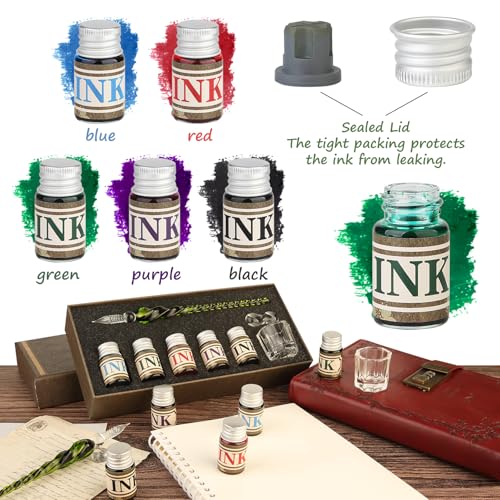 Glass Dipped Crystal Calligraphy Pen Set with 5 Colorful India Ink (6 Count)