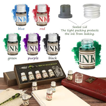 Glass Dipped Crystal Calligraphy Pen Set with 5 Colorful India Ink (6 Count)