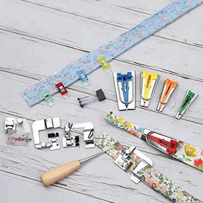 Bias Tape Maker Kit 5 Sizes with 4 Pcs Sewing Machine Presser Foot (5 Count)