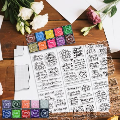6 Pcs Greeting Words Clear Stamps for Card Making 20 Ink Pad (29 Count)
