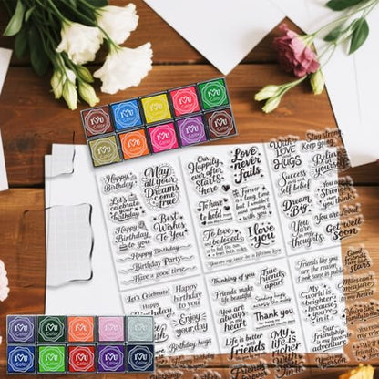 6 Pcs Greeting Words Clear Stamps for Card Making 20 Ink Pad (29 Count)