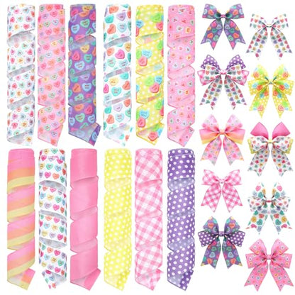12 Rolls Valentines Day Wired Edge Ribbon for Wreaths 2 Inch x 60 Yards Conversation Heart Candy Color Dots Stripes Print Grosgrain Ribbon for Valentines Day Party Decorative Supplies (12 Count)