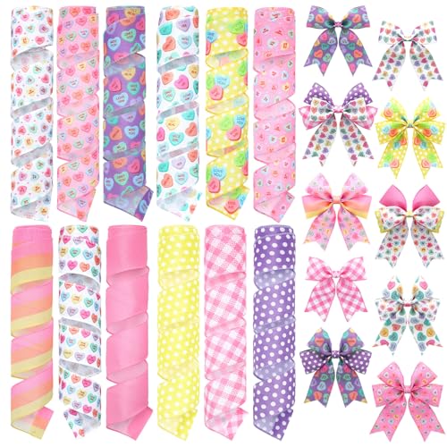 12 Rolls Valentines Day Wired Edge Ribbon for Wreaths 2 Inch x 60 Yards Conversation Heart Candy Color Dots Stripes Print Grosgrain Ribbon for Valentines Day Party Decorative Supplies (12 Count)