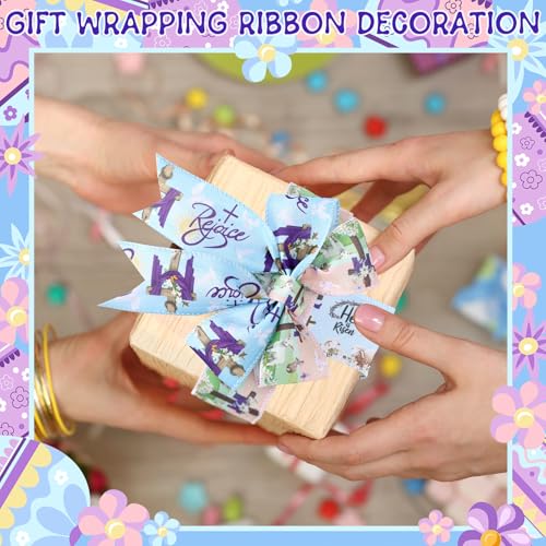 12 Rolls Spring Easter Ribbon He is Risen Cross Egg Wired Burlap Ribbon 2 Inch x 60 Lavender Purple Easter Decor Ribbons for Spring Wreath Tree Bow DIY Crafts Gift Wrapping Party Supplies 12 Styles (12 Foot)