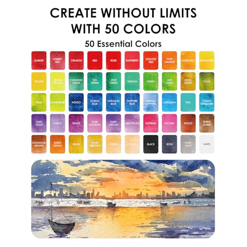 Set of 50 Color Premium Watercolor Paint Set with Detail Brushes (15.5205 Ounce)