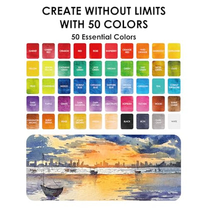 Set of 50 Color Premium Watercolor Paint Set with Detail Brushes (15.5205 Ounce)