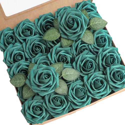 Artificial Flowers 25pcs Real Looking Dark Teal Foam Fake Roses with Stems for DIY Wedding Bouquets Bridal Shower Centerpieces Floral Arrangements Party Tables Home Decorations (25 Count)