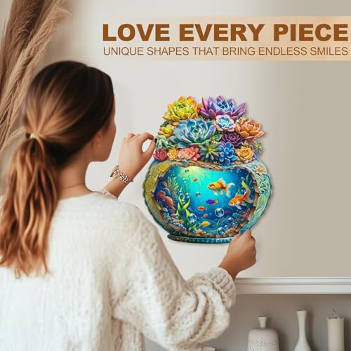 Succulent Ocean Puzzles Potted Colorful Plants Flowers Aquarium Vase Fish Puzzle Adults Gifts for Women Men Wooden 90 Pieces 8.5 * 7.4in (90 Count)