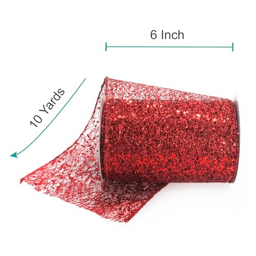 Sparkling Glitter Mesh Wired Ribbon 6" x 10 Yards Red for Christmas Home Decor Bow Gift Wrapping DIY Crafts Wreath (30 Foot)