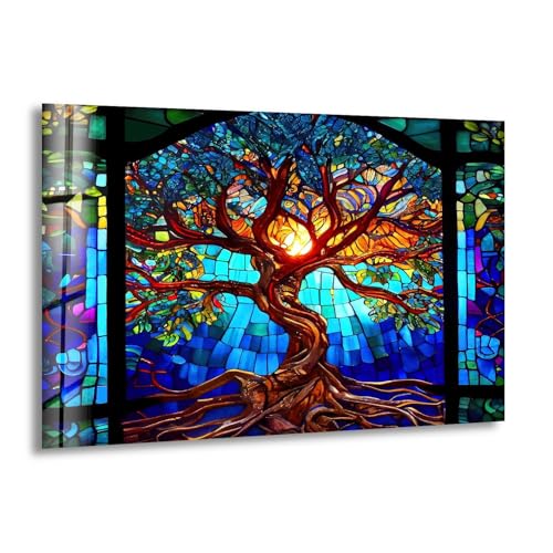 60WX40H'' Stained Blue Life of Tree Glass Wall ArtTempered Glass Printing Wall Decor Large Wall Art Wall Hangings