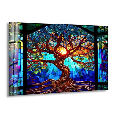 Round 24'' Stained Blue Life of Tree Glass Wall ArtTempered Glass Printing Wall Decor Large Wall Art Wall Hangings