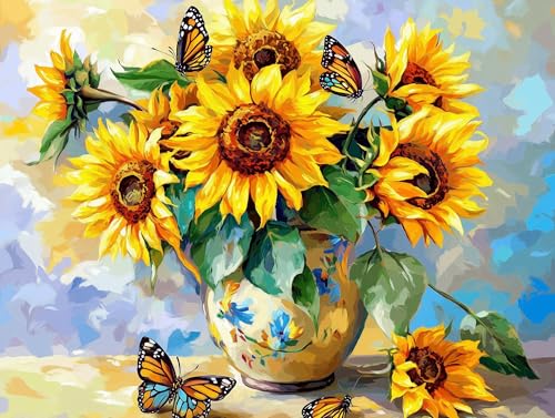 14ct Counted Stamped Cross Stitch Kits for Adults Sunflowers and Butterflies Printed Cross Stitch Patterns Art Crafts Cross Stitch Supplies
