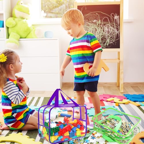 6 Colors L & XL Toy Storage Bags with Labels Reusable Clear Toy Organizer (6 Count)
