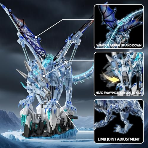 Mechanical Dark Ice Dragon Building Block Set with Hand Crank Motion Movable Head