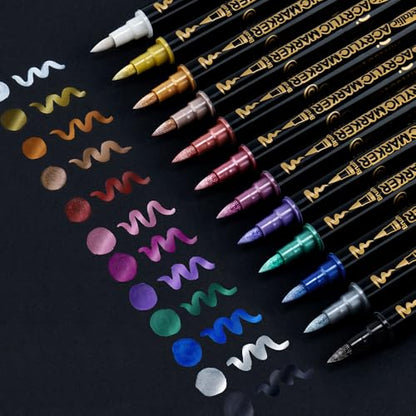 12Colors Metallic Paint Markers Brush and Fine Dual (12 Count)