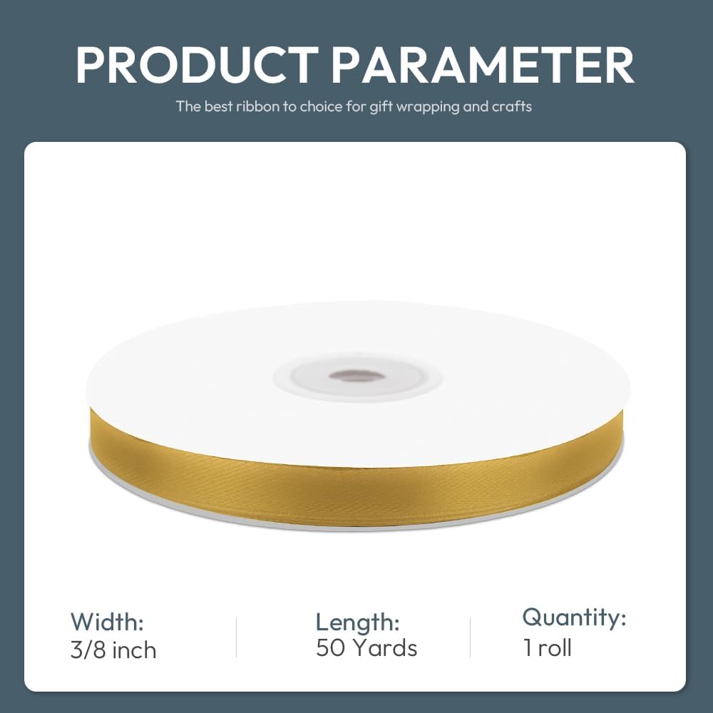 KMER LIFE 3/8" Wide x 50 Yards Golden Single Faced Polyester Satin Ribbon, Golden Satin Ribbon Perfect for Wedding Decor, Wreath, Crafts, Gift Wrapping & Other Projects (Golden) - Crafty Corner