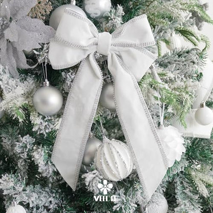 White Velvet with Rhinstone Edge Wired Ribbon 2.5 Inch Luxury Jeweled Ribbon 5 Yards Sparkling Rhinestone Trim for Christmas Tree (15 Foot)