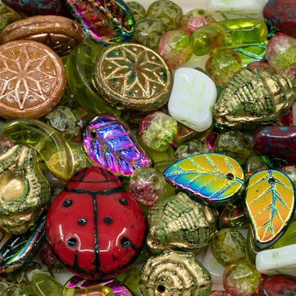 1.4oz (40g) Mix of Czech Glass Green Banana, Coin Beads and Leaf Beads, Hand Made Set Kit, Green Ladybird