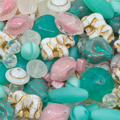 1.4oz (40g) Mix of Czech Glass Beads, Elephants, Uranium Beads, Murex Shell Beads, Lemon Beads, Hand Made Set Kit, UV Active Turquoise Pink
