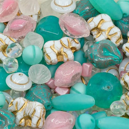 1.4oz (40g) Mix of Czech Glass Beads, Elephants, Uranium Beads, Murex Shell Beads, Lemon Beads, Hand Made Set Kit, UV Active Turquoise Pink