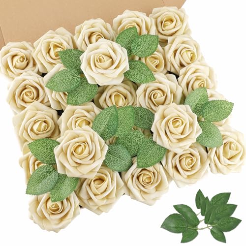 Beige Rose 25pcs Real Looking Artificial Flowers w