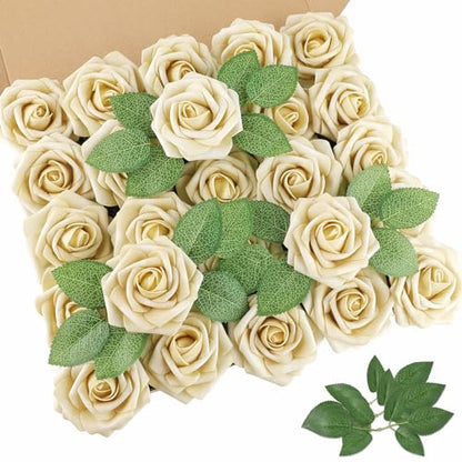 Beige Rose 25pcs Real Looking Artificial Flowers w