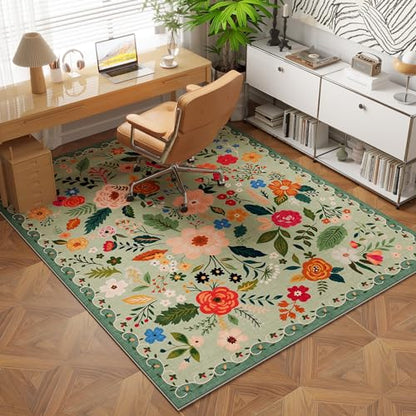 Bedroom Rug 3x5 Rug Washable Area Rug Non Slip Low Pile Boho Floral Small Carpet for Bedroom
