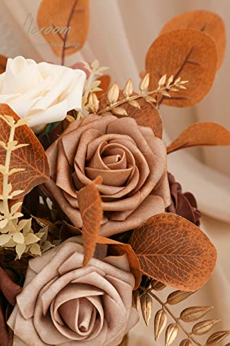 Artificial Flowers 25pcs Real Looking Earth Tones Ombre Colors Foam Fake Roses with Stems for DIY Wedding Bouquets Bridal Shower Floral Centerpieces Party Tables Home Decorations (25 Count)