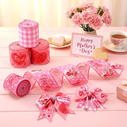 12 Rolls Mother's Day Wired Edge Ribbon for Wreaths 2 Inch x 60 Yards Pink Burlap Stripe Ribbons Happy Mother's Day Love You Mom Floral Decorative for Bow Wreath DIY Craft Gift Wrapping Decor (12 Count)