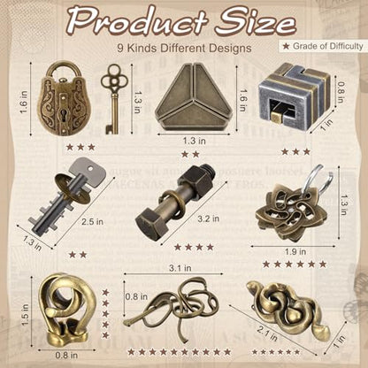 9 Pcs Metal Brain Teasers 3D Steel Puzzle Set (9 Count)
