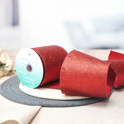 Glitter Wired Ribbon 4" x 10 Yards Red for Christmas Home Decor Bow Gift Wrapping DIY Crafts Wreath (30 Foot)