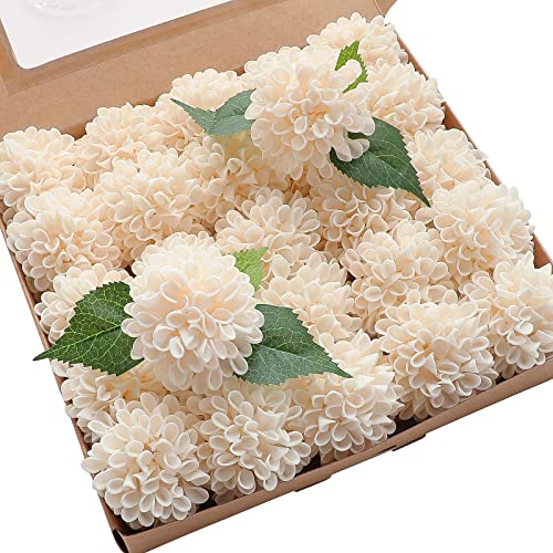 Artificial Dahlia Flowers 25pcs Real Looking Cream Foam Fake Roses with Stems for DIY Wedding Bouquets Bridal Shower Centerpieces Floral Arrangements Party Tables Home Decoration (25 Count)