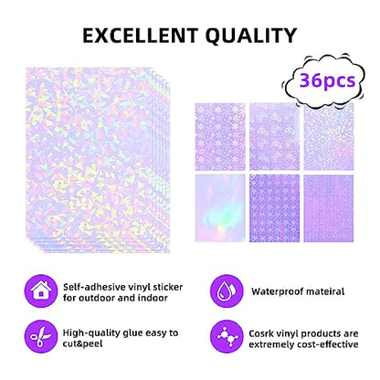 36 Sheets Holographic Laminate Sheets Clear Self Adhesive Sticker Paper (36 Count)