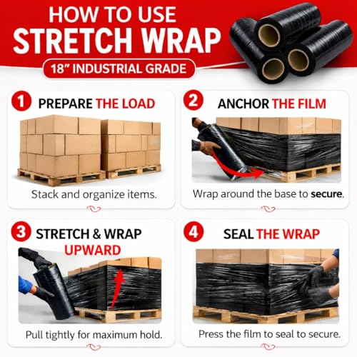 40 Pack Stretch Wrap 18 Inch 80 Gauge Shrink Wrap Black (1100 Sq Ft)