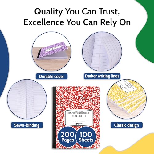 4 Pack EPI Wide Ruled Composition Notebook Assorted Marble Colors