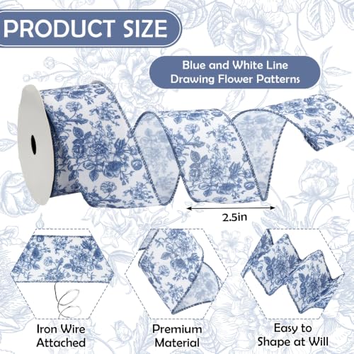 Floral Wired Edge Ribbon Vintage Flower Craft Ribbon Blue Chinoiserie Decorative Fabric Ribbons for DIY Crafts Wreath Bow Making
