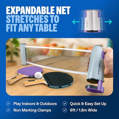 Portable Ping Pong Set with Retractable Ping Pong Net for Any Table