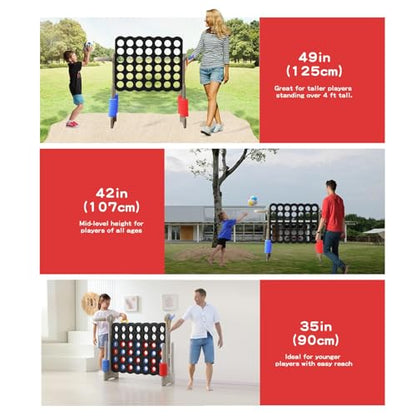 Jumbo 4-in-a-Row Game Set, Height Adjustable Indoor Outdoor Yard Game with Basketball Hoop, Ring Toss & Carrying Bag, Family Party Lawn Game for Kids and Adults (Grey & Black)