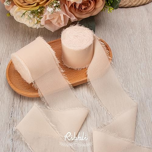 Champagne Chiffon Ribbon 2 Inch x 20 Yard Handmade Fringe Chiffon Silk Ribbon Nude Ribbon for Gifts Wrapping (60 Foot)