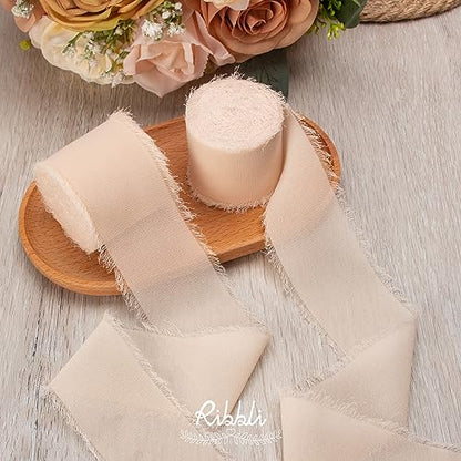 Champagne Chiffon Ribbon 2 Inch x 20 Yard Handmade Fringe Chiffon Silk Ribbon Nude Ribbon for Gifts Wrapping (60 Foot)
