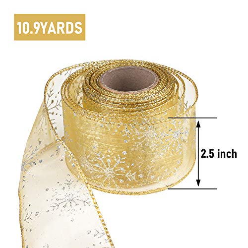 2.5 Inch Wide Christmas Wired Ribbon Snowflake Organza Sheer Glitter Ribbon for Xmas Tree (32.7 Foot)