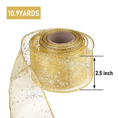 2.5 Inch Wide Christmas Wired Ribbon Snowflake Organza Sheer Glitter Ribbon for Xmas Tree (32.7 Foot)