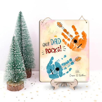 DIY Our Dad Rocks Guitar Craft Plaque Baby Handprint Gifts for Dad Papa Musician Guitar Player