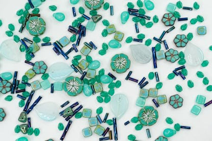 2.1oz (60 g) Mix of Unique Czech Bohemia Glass Pressed Beads, Rocailles, Opaque Turquoise Green Copper Crystal Silver, Matte and Glossy, Hand Made BCV (2.1164 Ounce)
