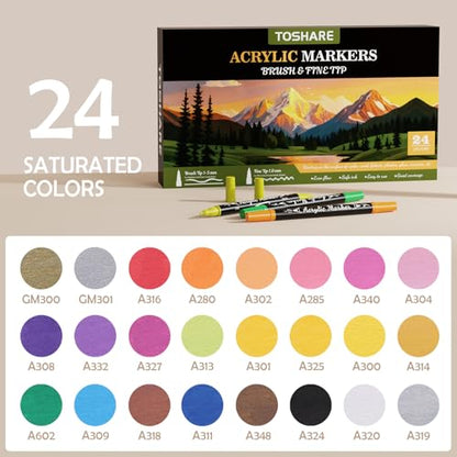 24 Colors Precision Dual Tip Acrylic Paint Markers Pens (24 Count)