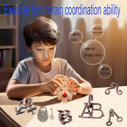 12 pcs Wooden Brain Teaser Puzzle and Metal 3D Unlock Interlocking Jigsaw Educational Toy for Kids and Adults Brain Games Durable Easy to Assemble Birthday Gifts Educational Toys