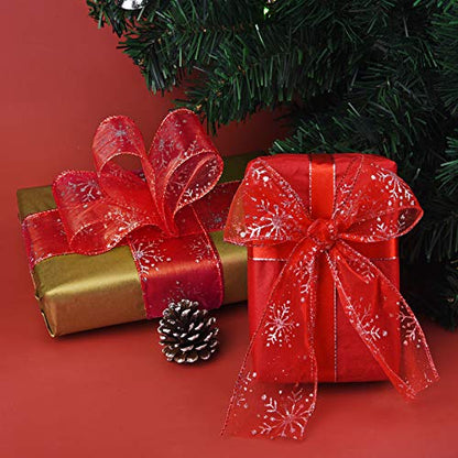 2.5 Inch Wide Christmas Wired Ribbon Snowflake Organza Sheer Glitter Ribbon for Xmas Tree (32.7 Foot)