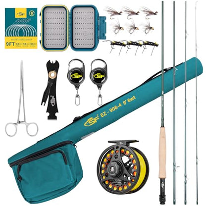 6WT 9FT Fly Fishing Rod Combo Starter Kit 4 Piece Semi Gloss Green Jade Finish 24T Carbon Fiber Trout Travel Fly Rod with Reel